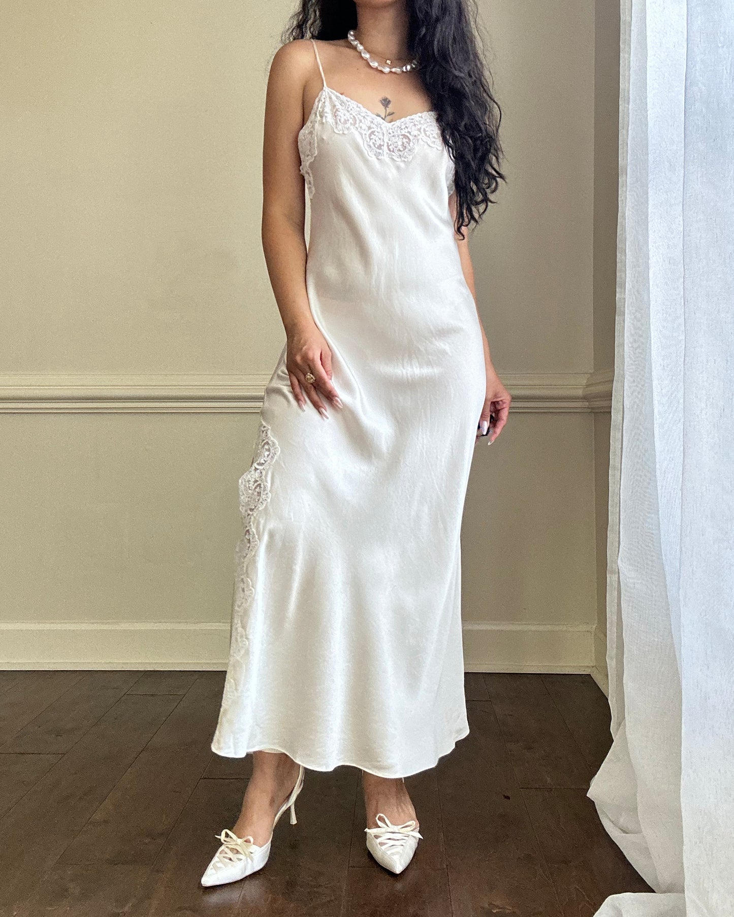 Maxi Bridal Slip Dress in Vintage Creamy featuring Lace Embroidery