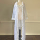 Sheer mesh maxi robe featuring floral embroidery ruffled sleeves and lining