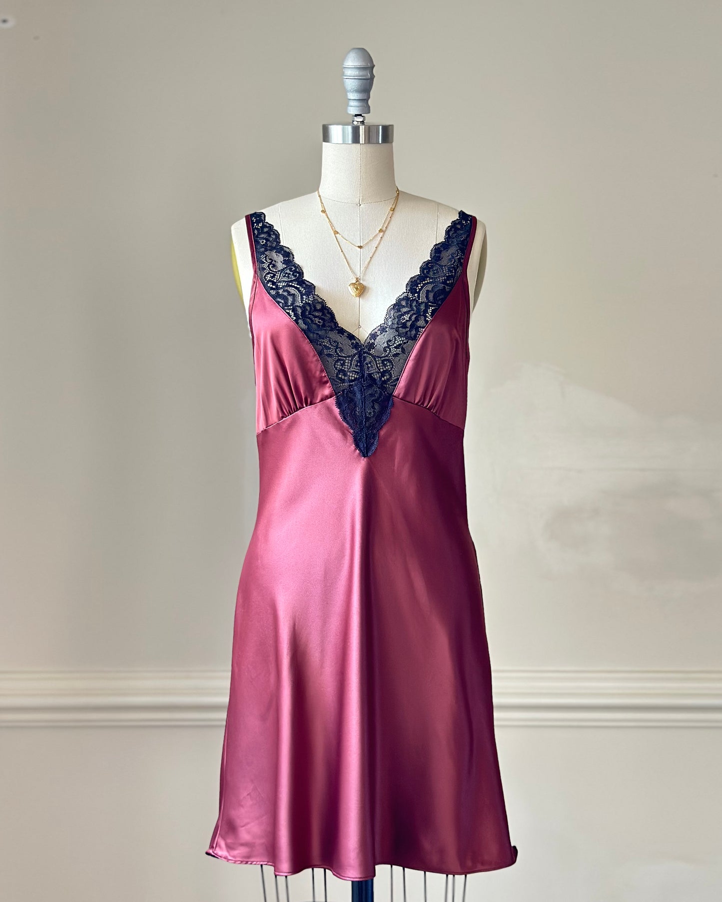 Vintage dusty rose satin dress + black lace bustier