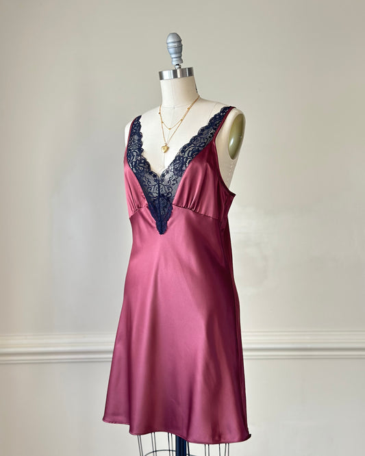 Vintage dusty rose satin dress + black lace bustier