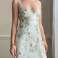 Vintage sage green maxi slip dress featuring rose bouquets print pattern