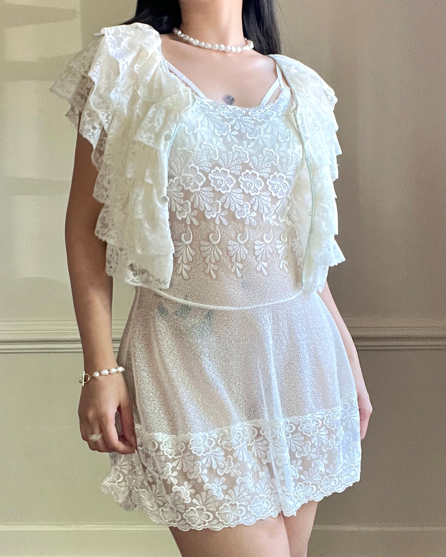 RARE Vintage Y2k Cropped Cardigan featuring Tiered Floral Lace in Vintage Cream