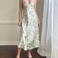 Vintage sage green maxi slip dress featuring rose bouquets print pattern