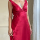 Vintage Red Maxi Satin Slip featuring Floral Lace Embroidery Details