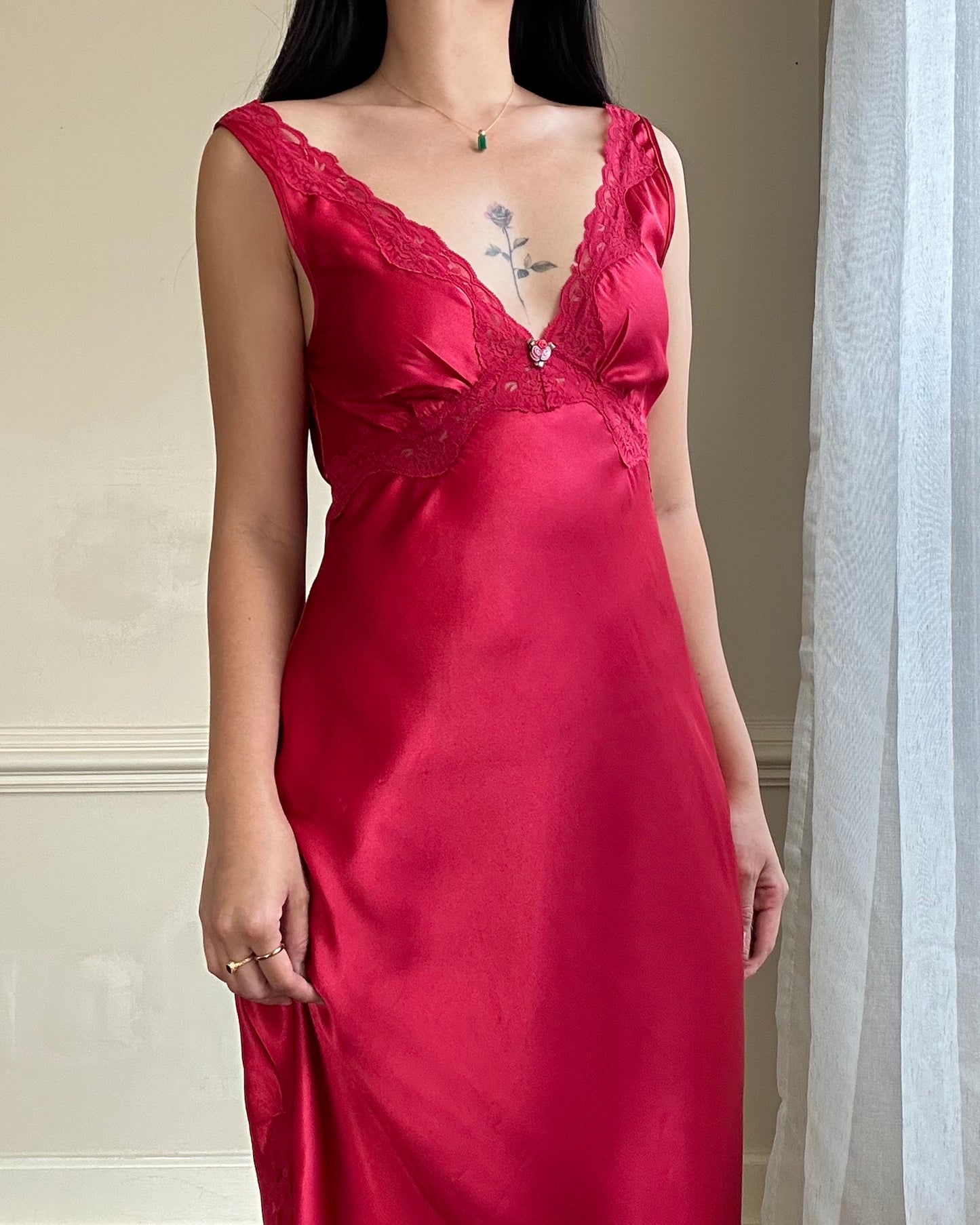 Vintage Red Maxi Satin Slip featuring Floral Lace Embroidery Details
