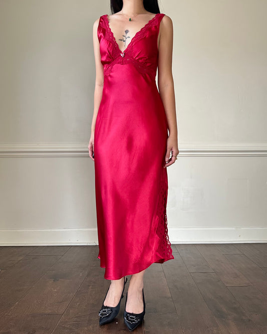 Vintage Red Maxi Satin Slip featuring Floral Lace Embroidery Details
