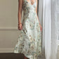 Vintage sage green maxi slip dress featuring rose bouquets print pattern