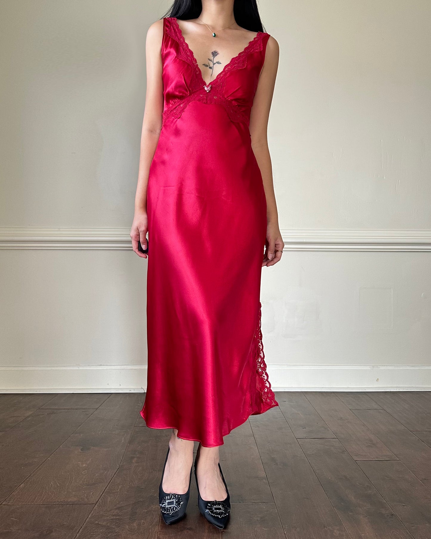 Vintage Red Maxi Satin Slip featuring Floral Lace Embroidery Details