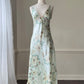 Vintage sage green maxi slip dress featuring rose bouquets print pattern