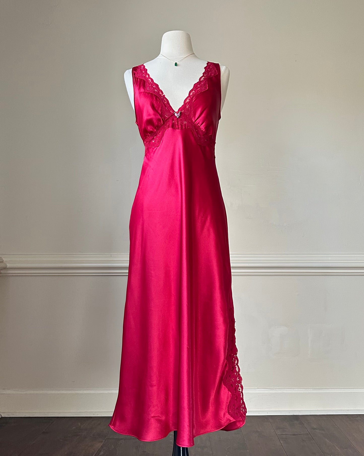 Vintage Red Maxi Satin Slip featuring Floral Lace Embroidery Details