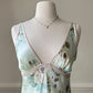 Vintage sage green maxi slip dress featuring rose bouquets print pattern