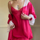 Vintage Silk Red Night Robe features Beautiful Lace Embroidery Collar