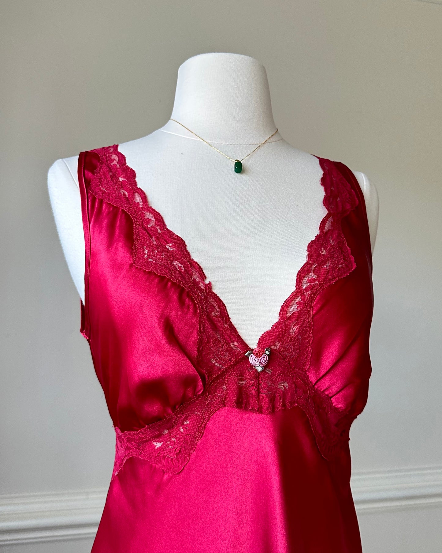 Vintage Red Maxi Satin Slip featuring Floral Lace Embroidery Details
