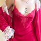Victoria’s Secret Tulip Red Silk Slip with Floral Lace