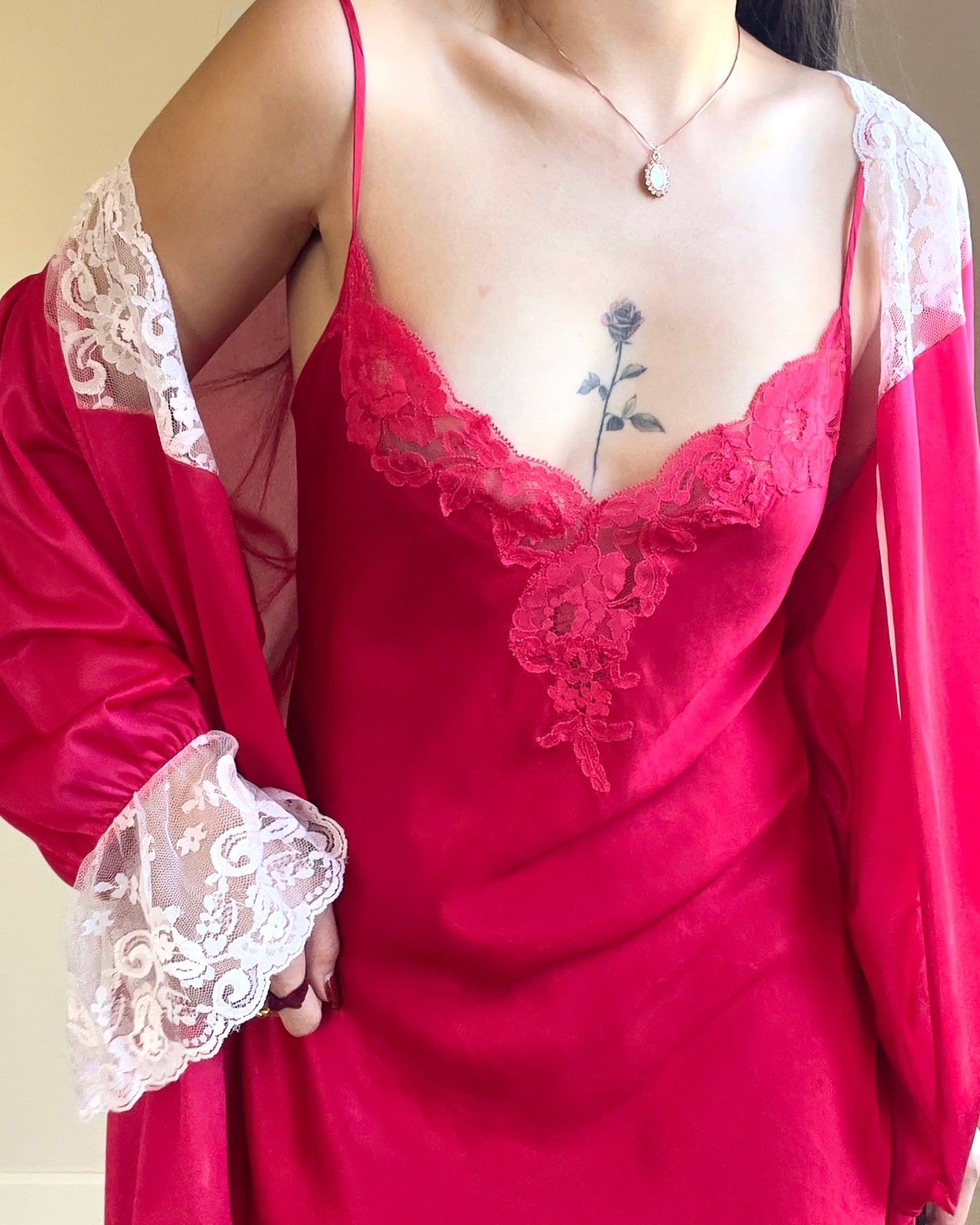 Victoria’s Secret Tulip Red Silk Slip with Floral Lace