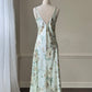 Vintage sage green maxi slip dress featuring rose bouquets print pattern