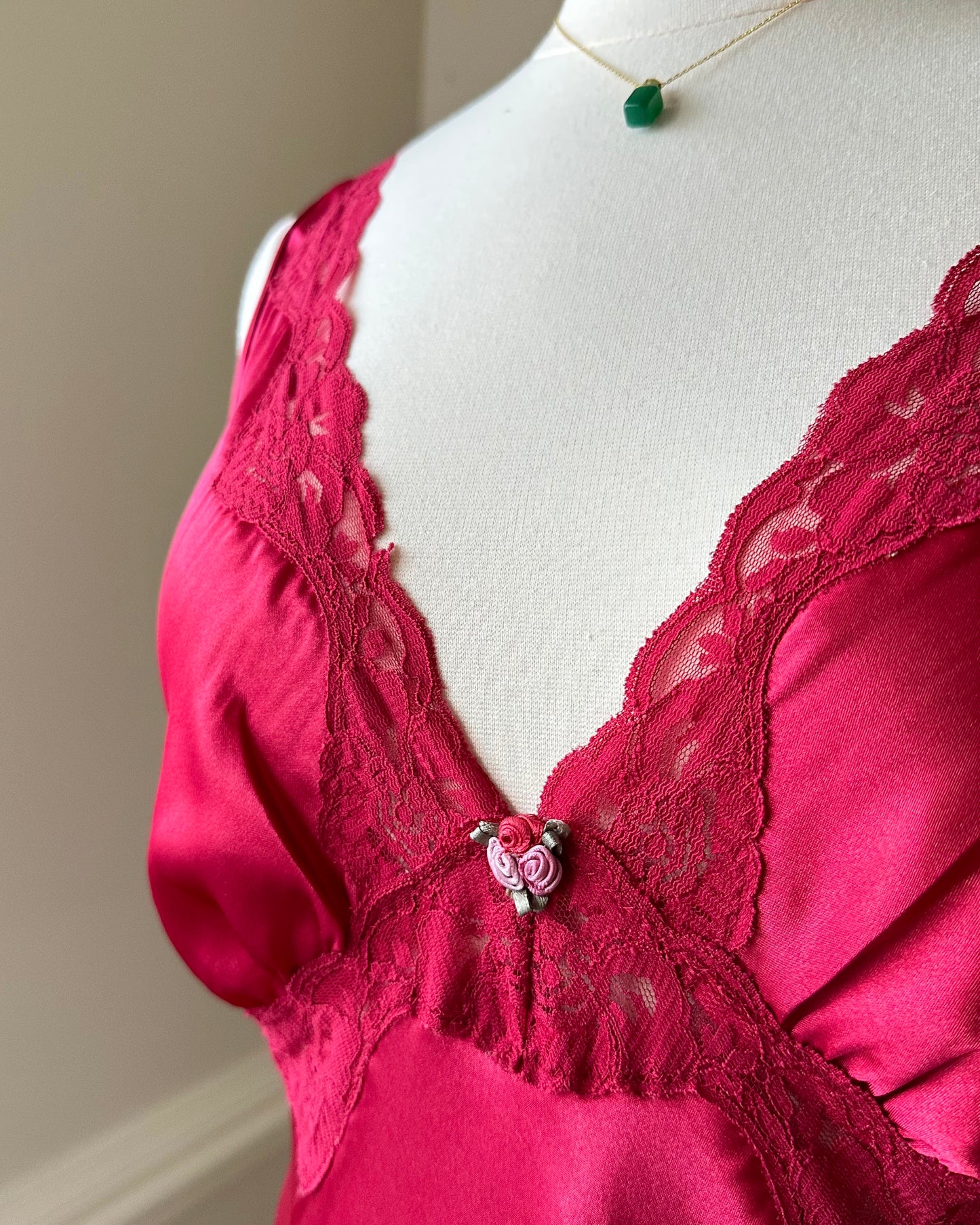 Vintage Red Maxi Satin Slip featuring Floral Lace Embroidery Details
