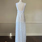 Vintage white maxi nightgown with pastel floral print and subtle satin stripe texture
