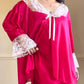 Vintage Silk Red Night Robe features Beautiful Lace Embroidery Collar