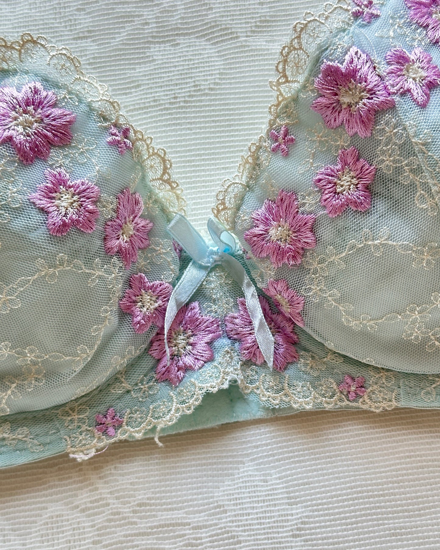 Baby blue Japanese brassiere featuring purple embroidered flowers