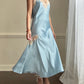 Ethereal sky blue satin maxi dress featuring rosettes embroidery bust