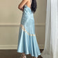 Ethereal sky blue satin maxi dress featuring rosettes embroidery bust
