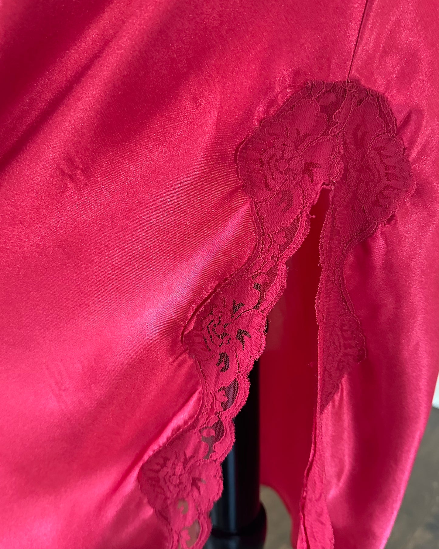 Vintage Red Maxi Satin Slip featuring Floral Lace Embroidery Details