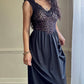 Dark Feminine Midi Dress featuring Complete Sheer Lace Bodice