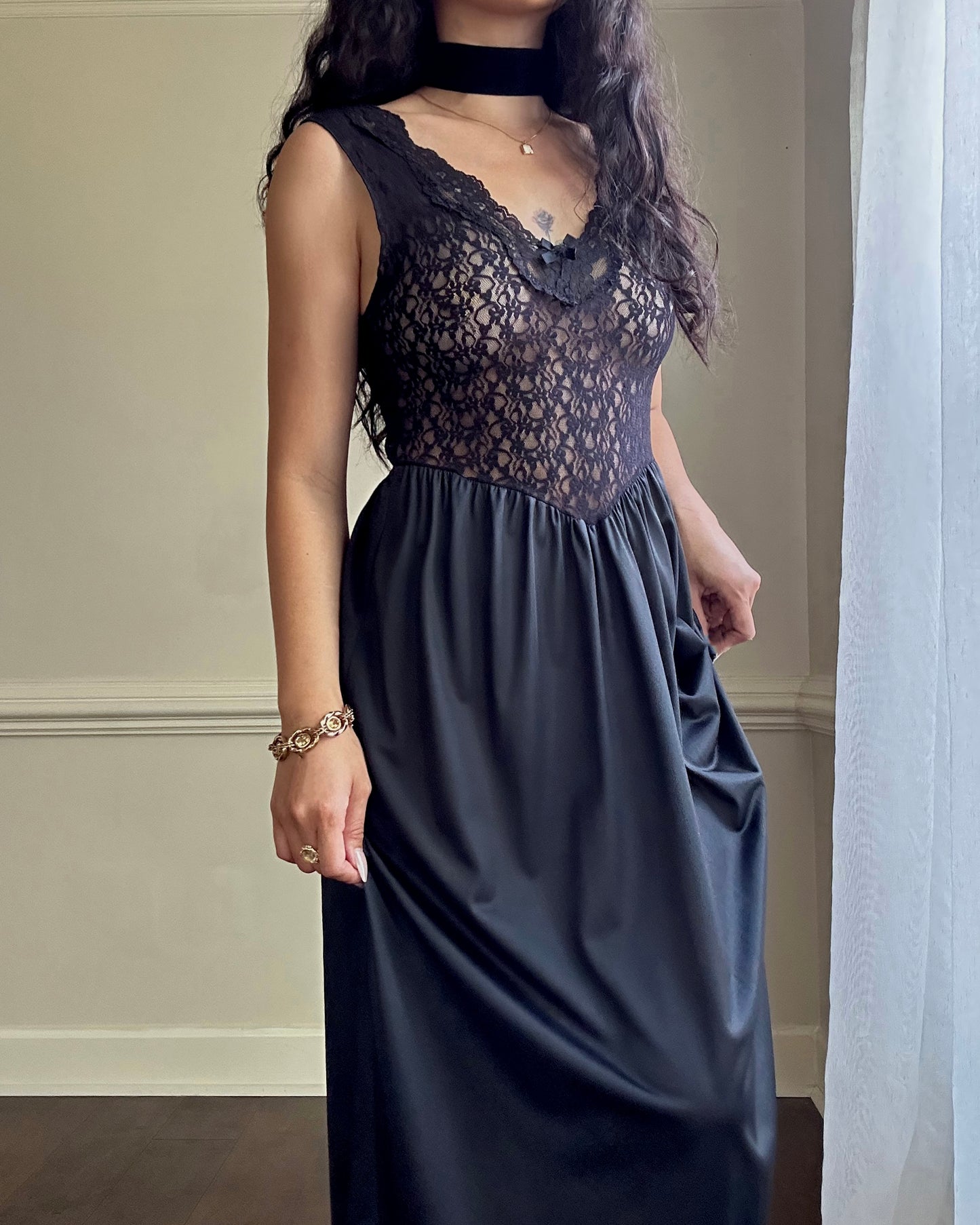 Dark Feminine Midi Dress featuring Complete Sheer Lace Bodice