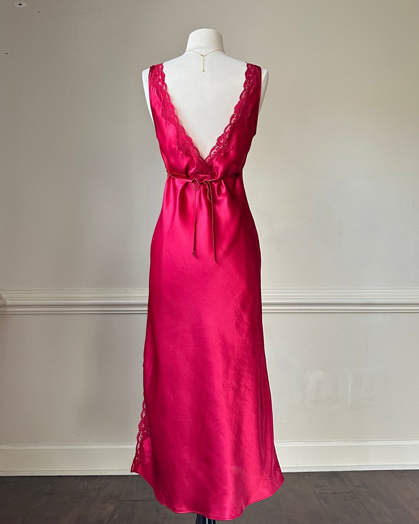 Vintage Red Maxi Satin Slip featuring Floral Lace Embroidery Details