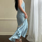 Ethereal sky blue satin maxi dress featuring rosettes embroidery bust