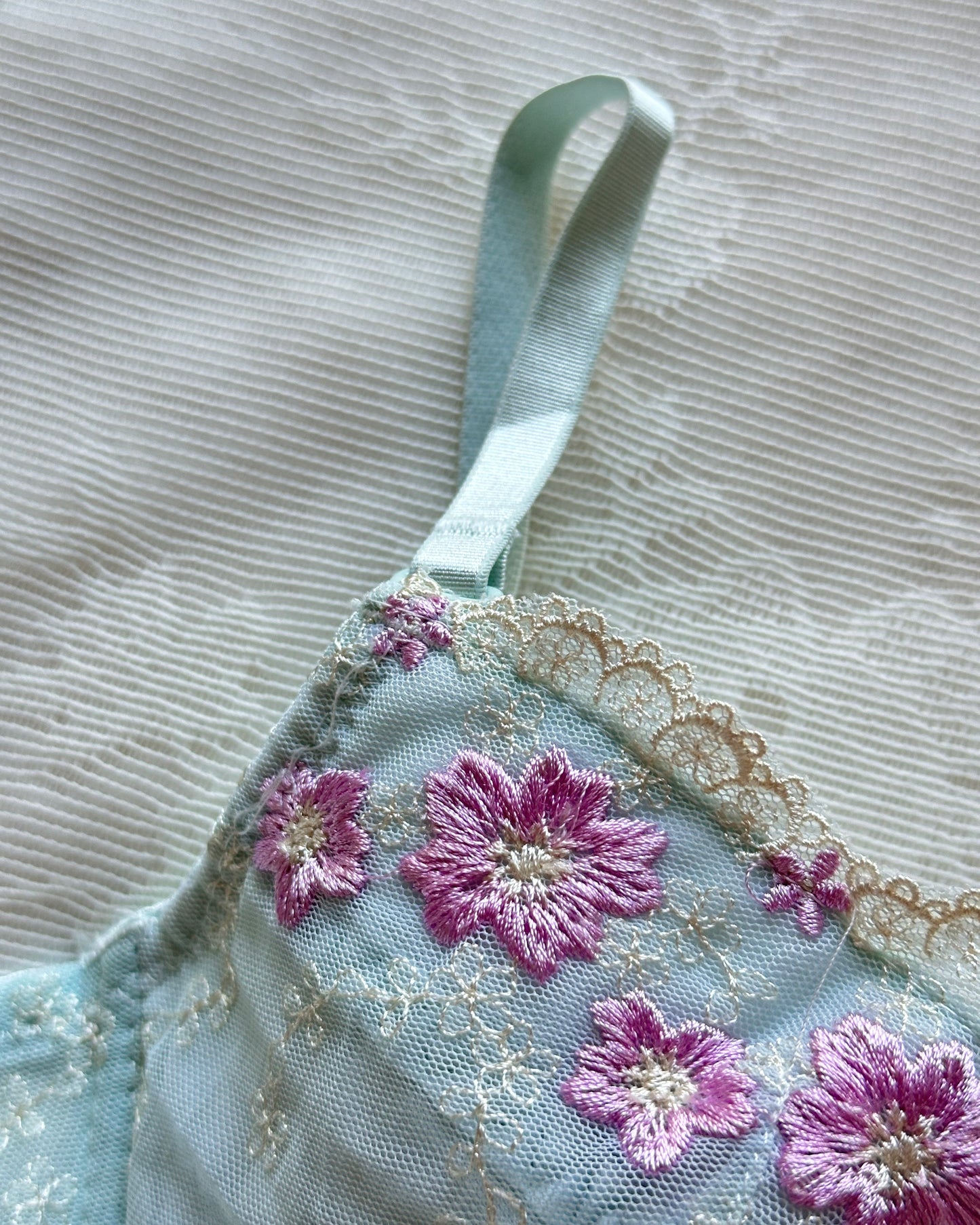 Baby blue Japanese brassiere featuring purple embroidered flowers