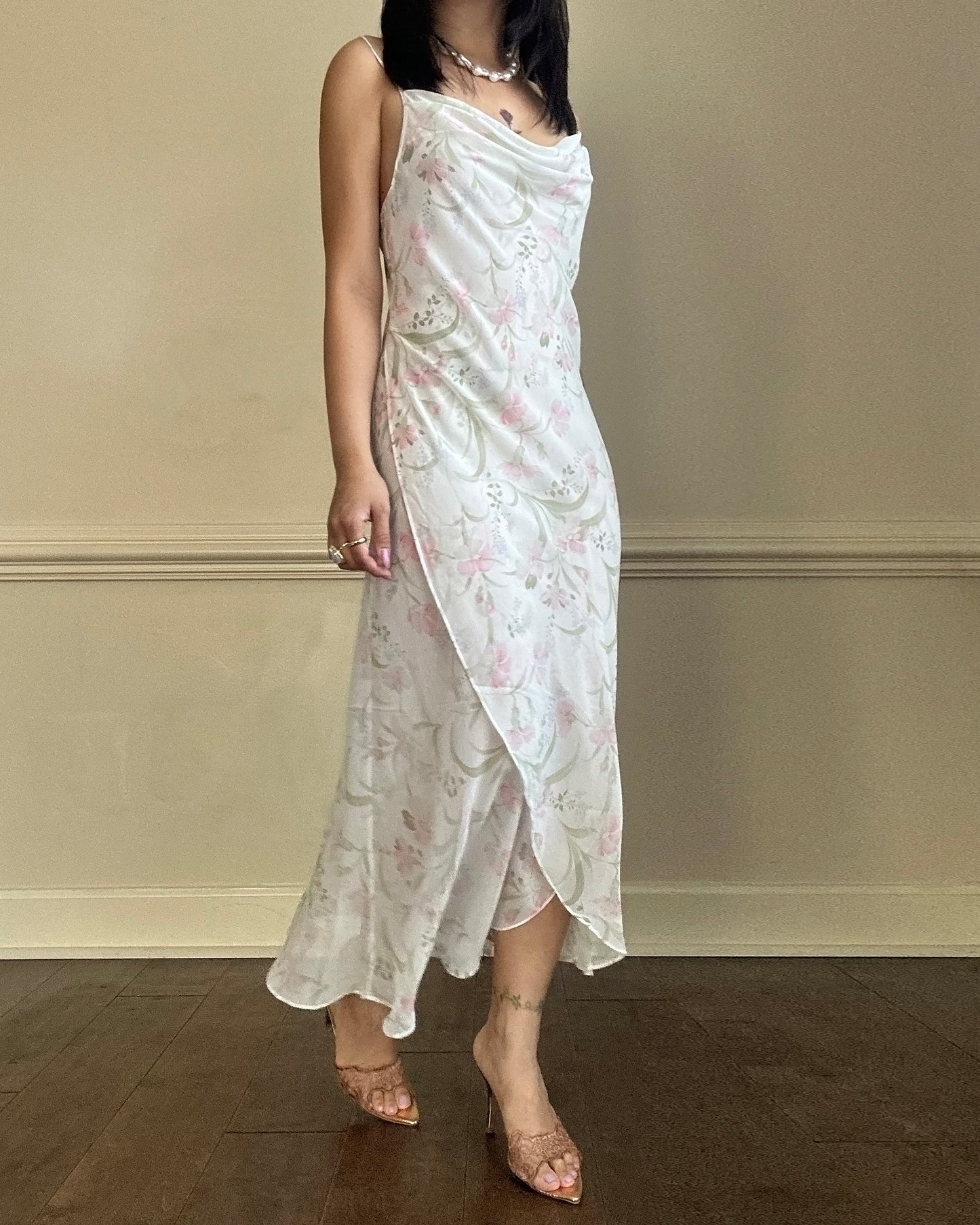 Vintage floral slip dress featuring a soft cowl neckline