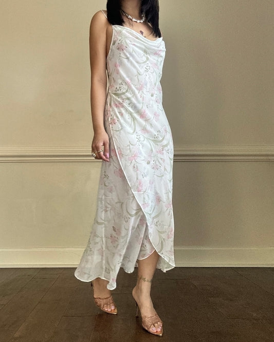Vintage floral slip dress featuring a soft cowl neckline