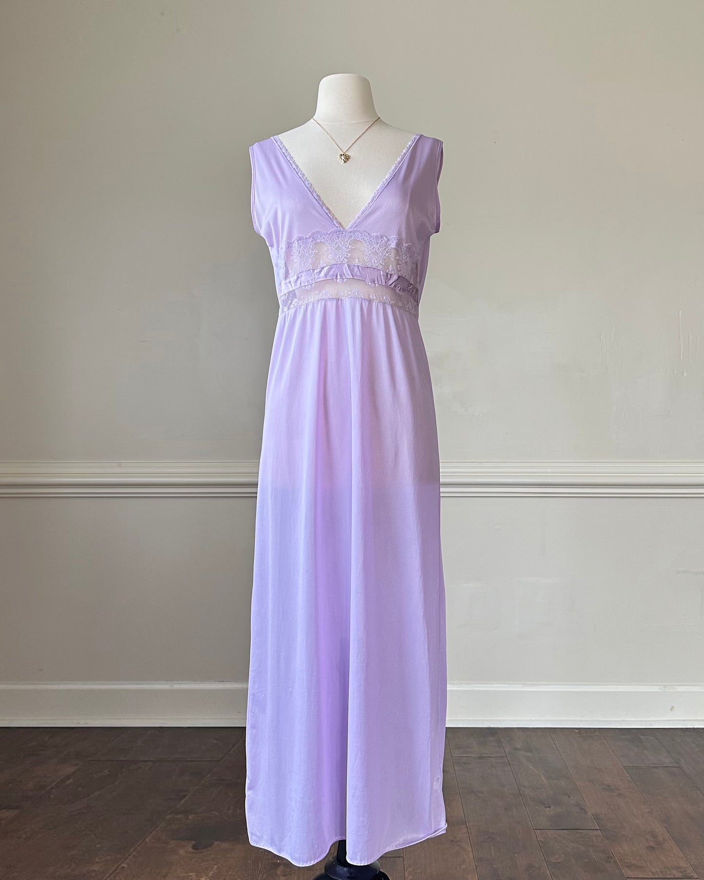 Vintage Soft Orchid Maxi Slip Dress featuring Intricate Lace Cutout
