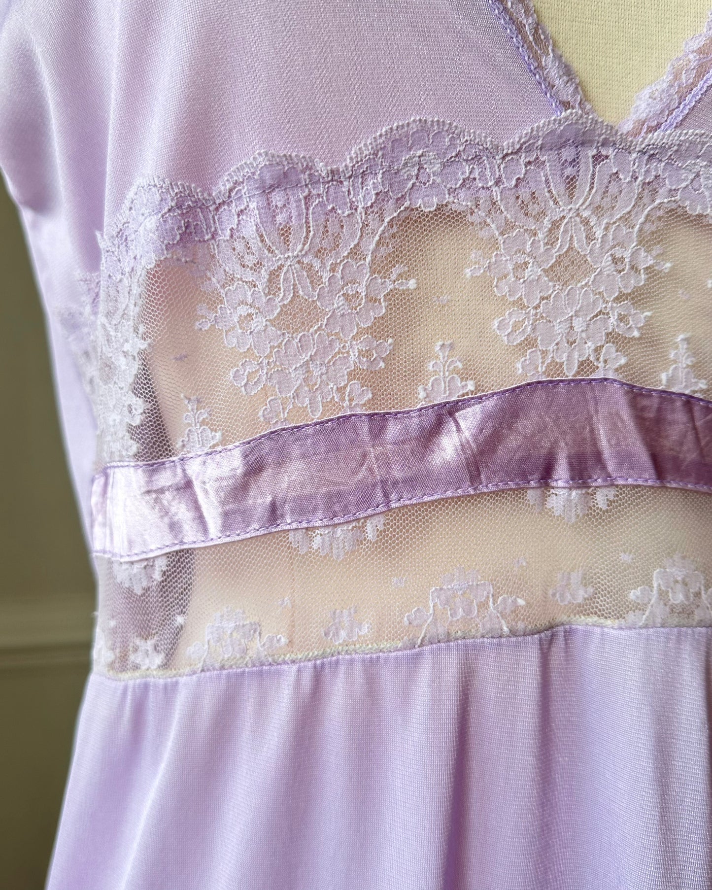 Vintage Soft Orchid Maxi Slip Dress featuring Intricate Lace Cutout