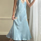 Ethereal sky blue satin maxi dress featuring rosettes embroidery bust