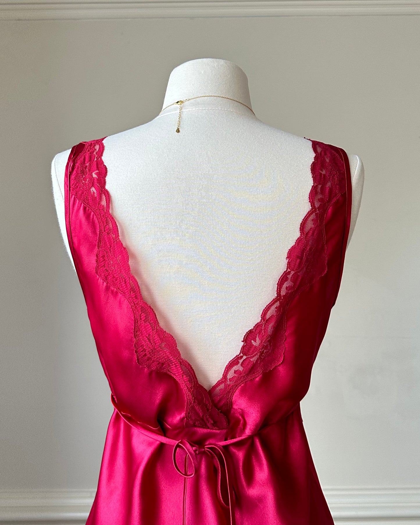 Vintage Red Maxi Satin Slip featuring Floral Lace Embroidery Details