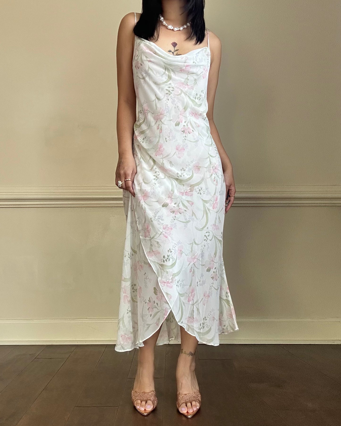 Vintage floral slip dress featuring a soft cowl neckline