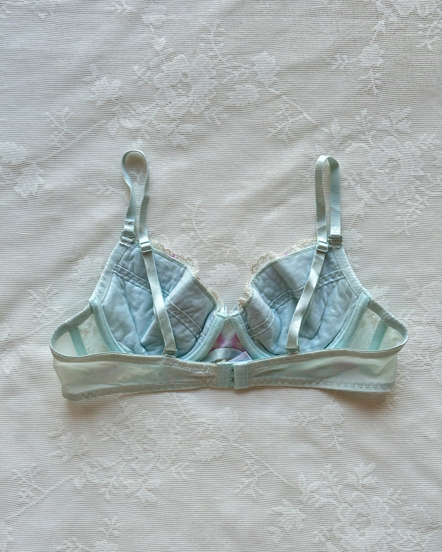 Baby blue Japanese brassiere featuring purple embroidered flowers