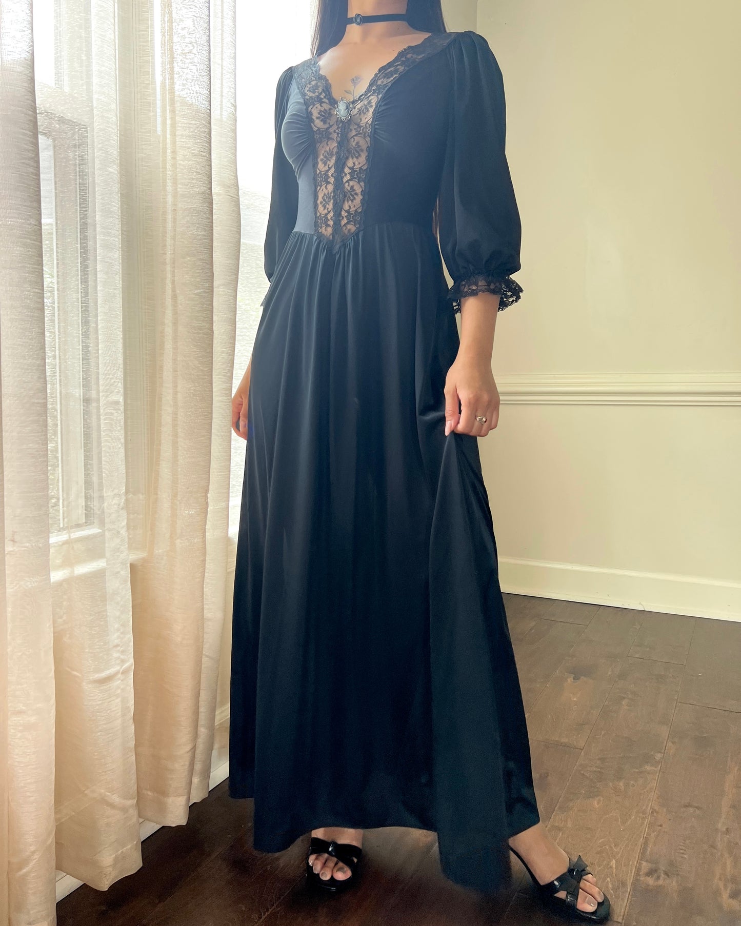 Dark Victorian Maxi Dress featuring Intricate Lace Bodice Details