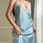 Ethereal sky blue satin maxi dress featuring rosettes embroidery bust