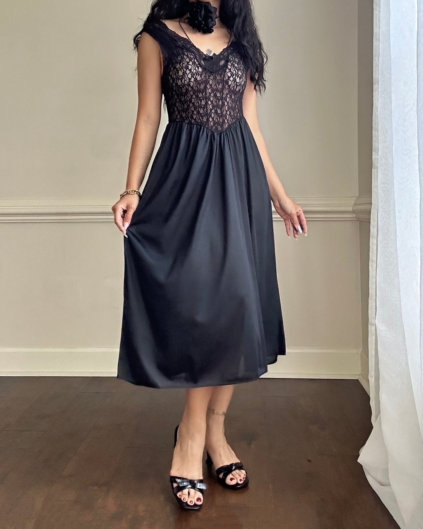 Dark Feminine Midi Dress featuring Complete Sheer Lace Bodice