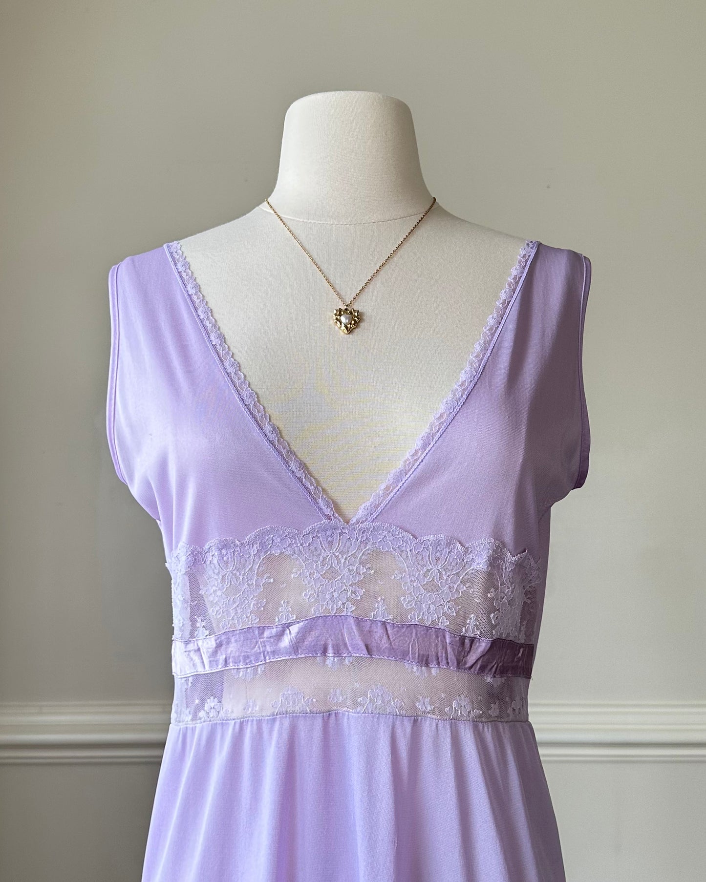 Vintage Soft Orchid Maxi Slip Dress featuring Intricate Lace Cutout