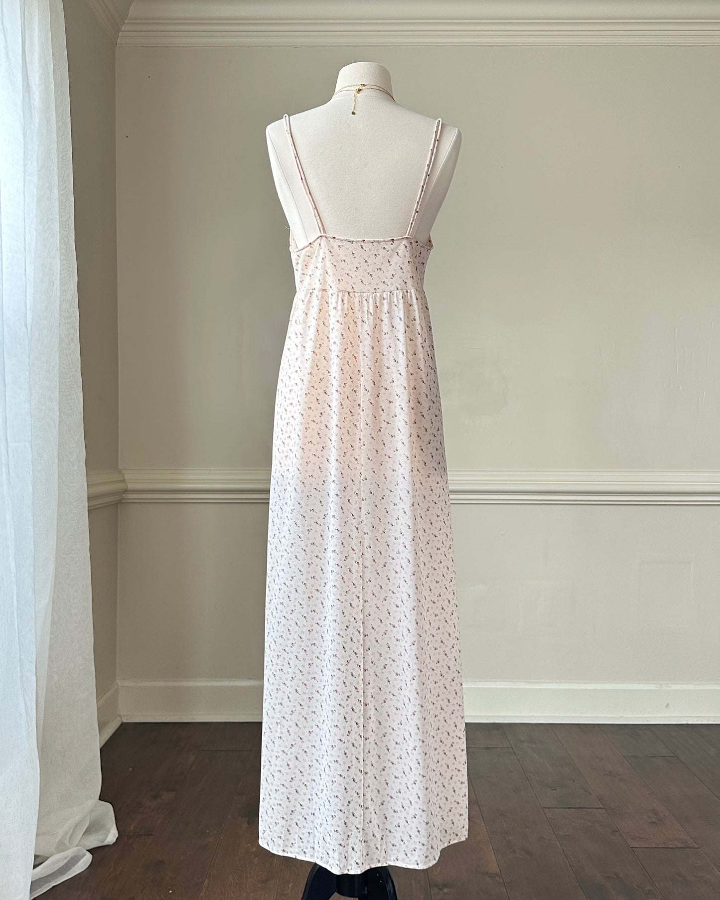 Vintage Maxi Dress featuring Ditsy Floral Prints on Sheer Blush Pink Fabric