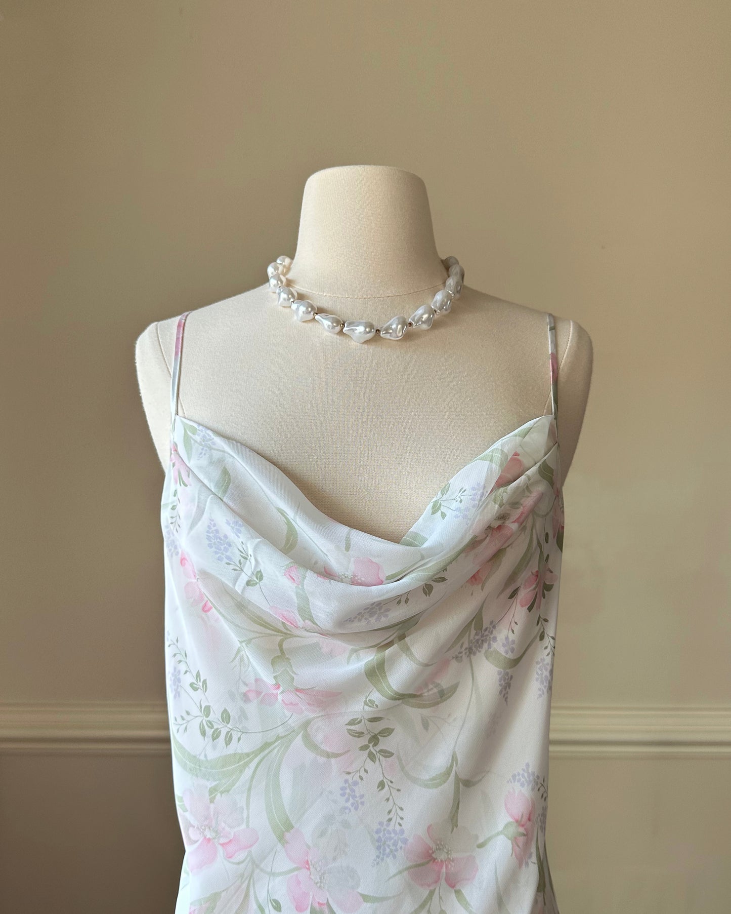 Vintage floral slip dress featuring a soft cowl neckline