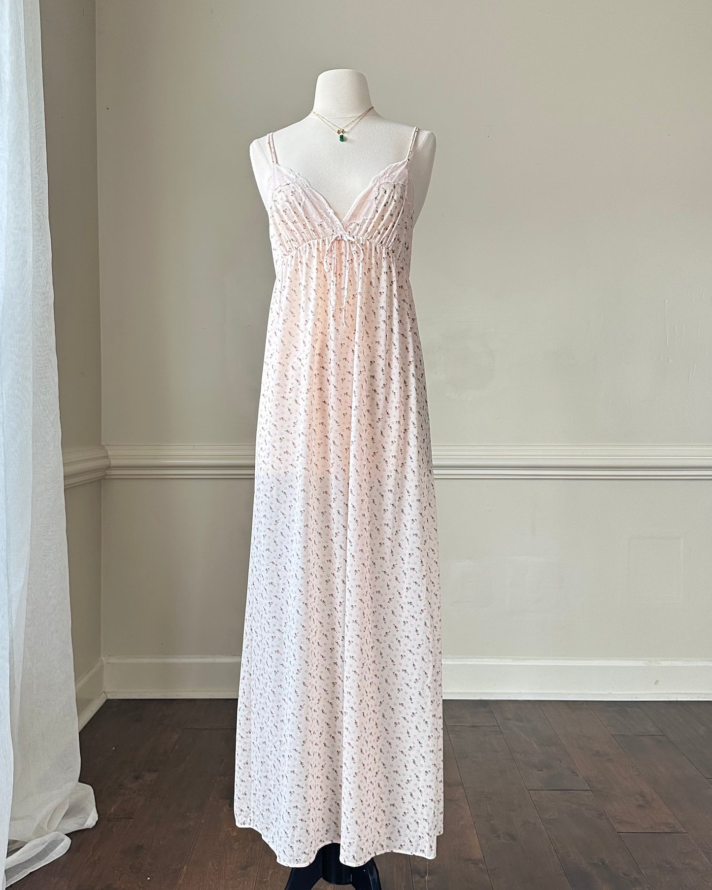 Vintage Maxi Dress featuring Ditsy Floral Prints on Sheer Blush Pink Fabric