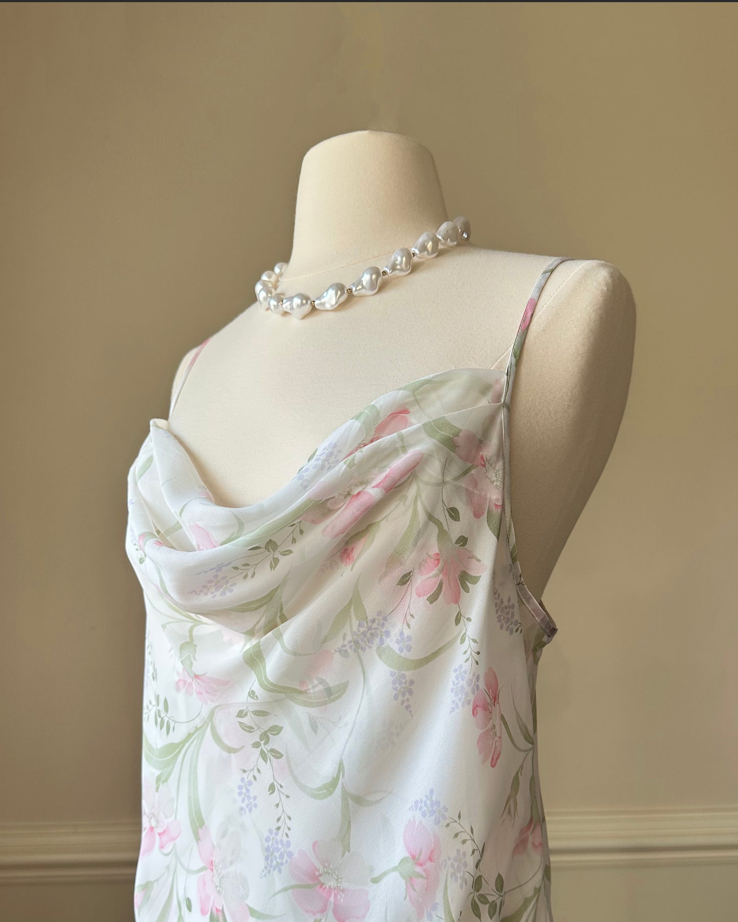 Vintage floral slip dress featuring a soft cowl neckline
