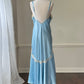 Ethereal sky blue satin maxi dress featuring rosettes embroidery bust