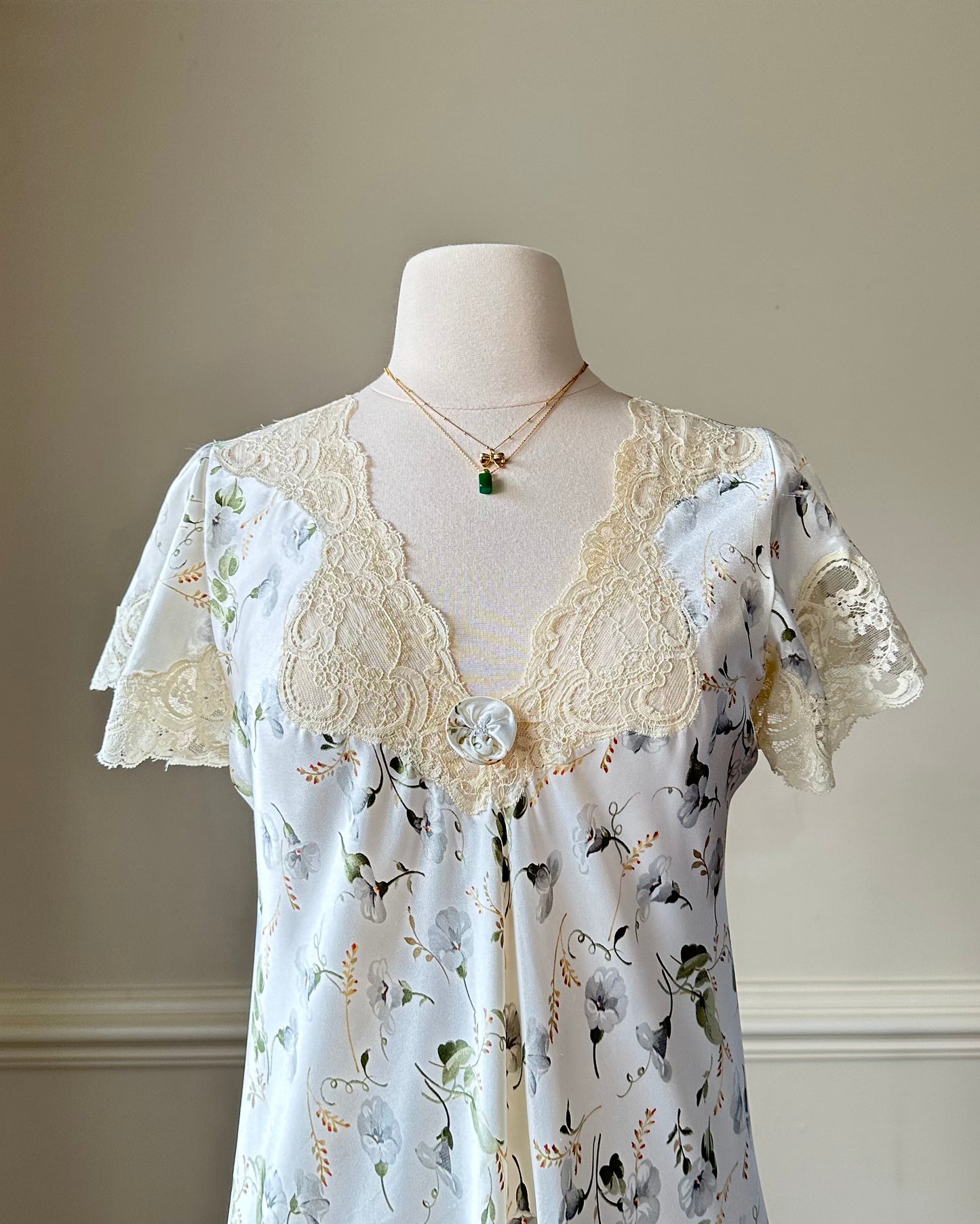 Elegant Vintage Dior Satin Maxi Dress featuring White Peony Prints